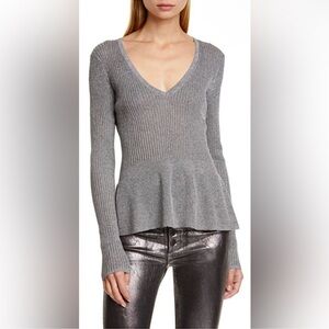 Veronica Beard Metallic Esperelda V-Neck Ribbed Peplum Sweater